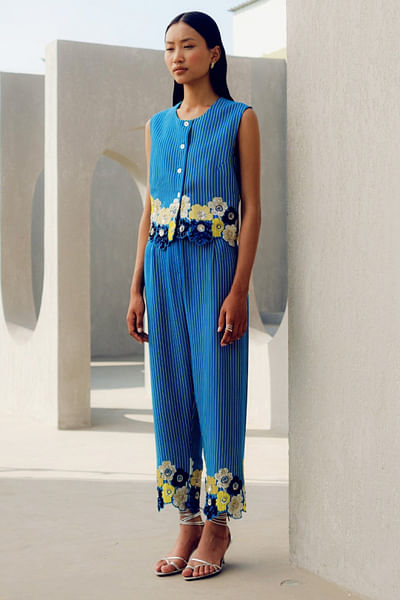 Blue floral sequin embroidered striped co-ords