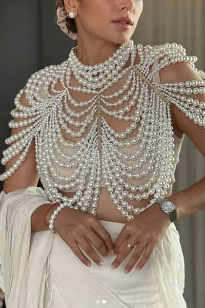 White pearl and crystal body cape
