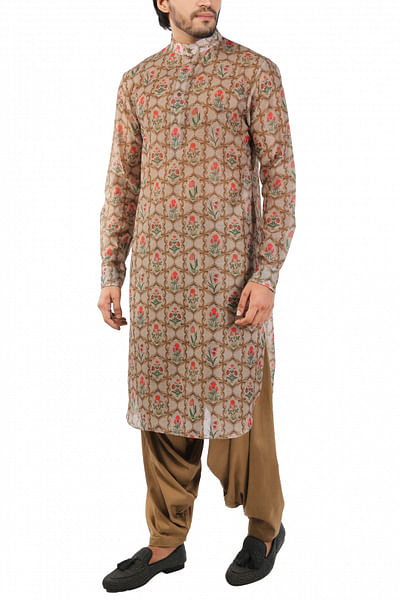 Beige brown printed pathani kurta set