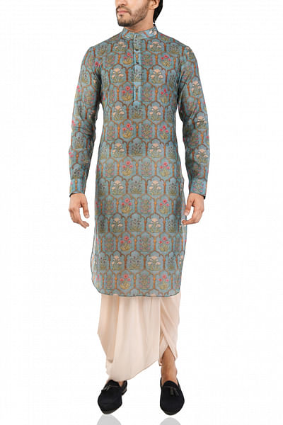 Dull blue mughal print kurta set