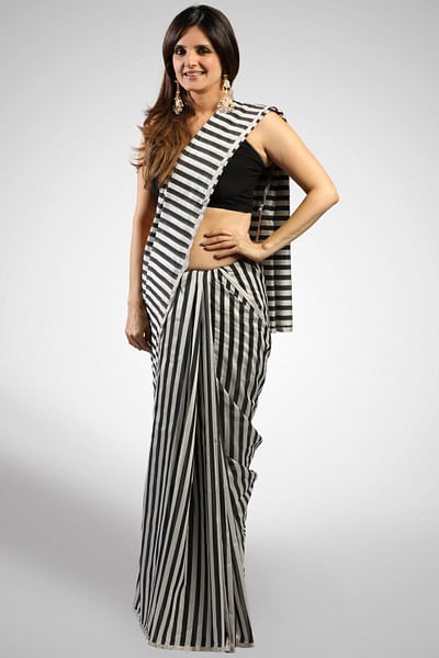 Grey and black striped sari