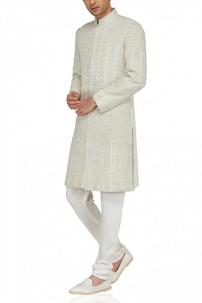 White silk sherwani ensemble