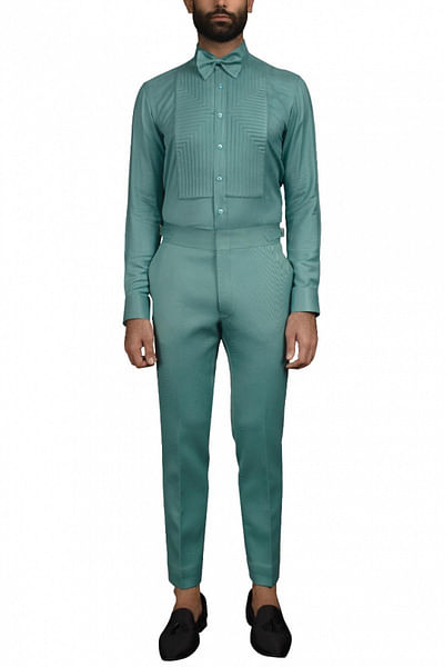 Teal blue shirt and trousers