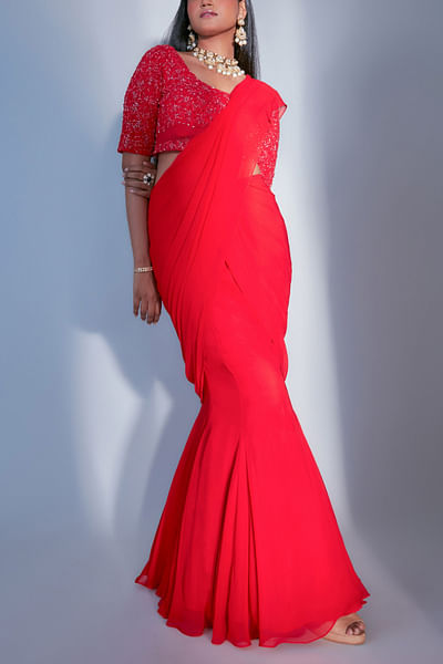 Red draped georgette sari set