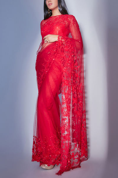 Red embroidered sari set