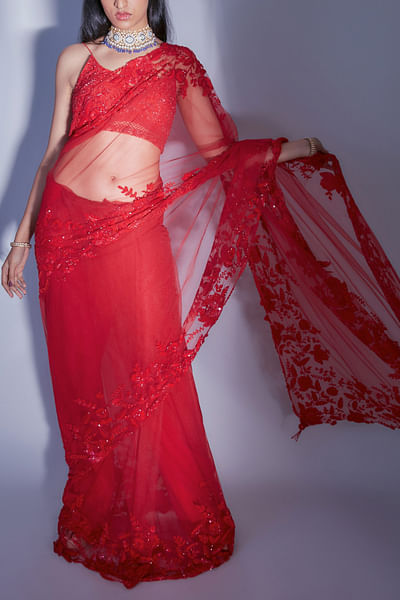 Red floral embroidered sari set