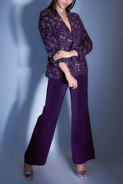 Purple embroidered pant suit set