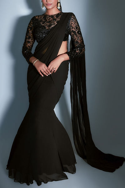 Black draped georgette sari