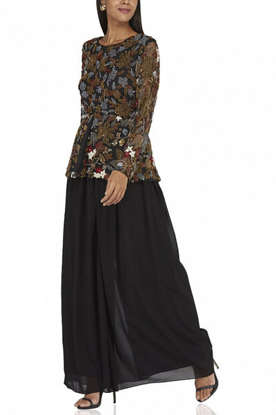 Black embroidered peplum jacket and trouser