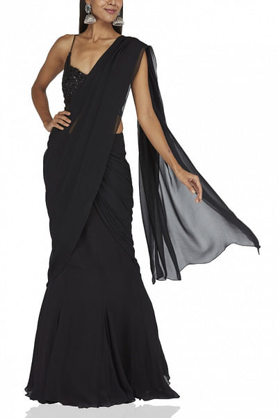 Black pre-pleated georgette sari set