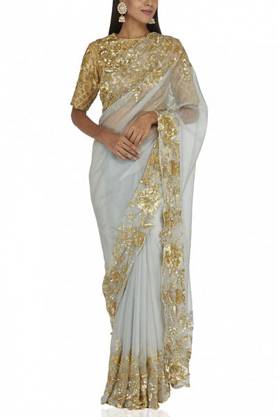 Grey embellished organza sari set