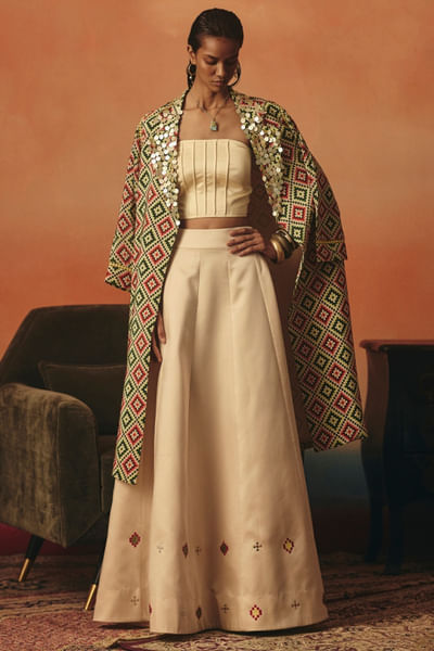 Multicolour ikat printed jacket set