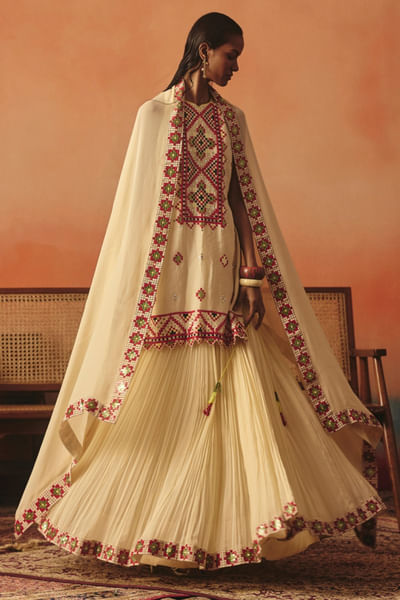 Beige red sequin embroidered lehenga set