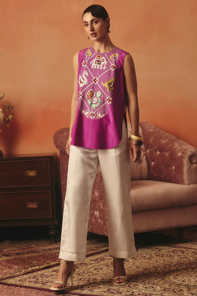 Magenta ikat pattern top and pants