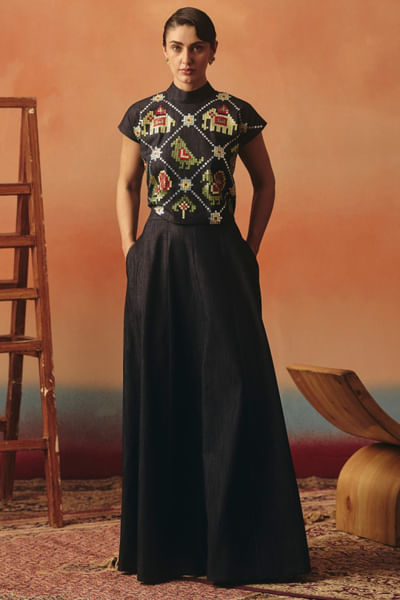 Dark blue ikat printed top and skirt