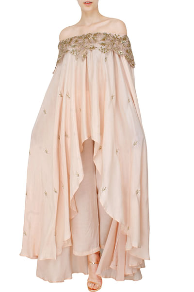 Blush pink off-shoulder high low top with palazzo
