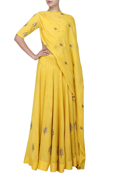 Mustard cowl drape crop top and lehenga set