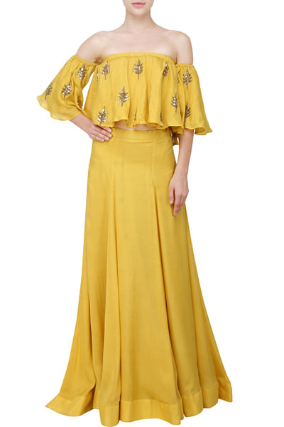 Mustard off shoulder top with lehenga