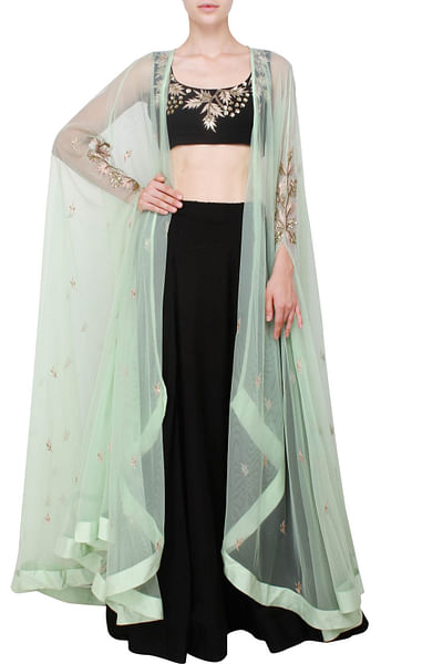 Black crop top and lehenga with mint green net cape