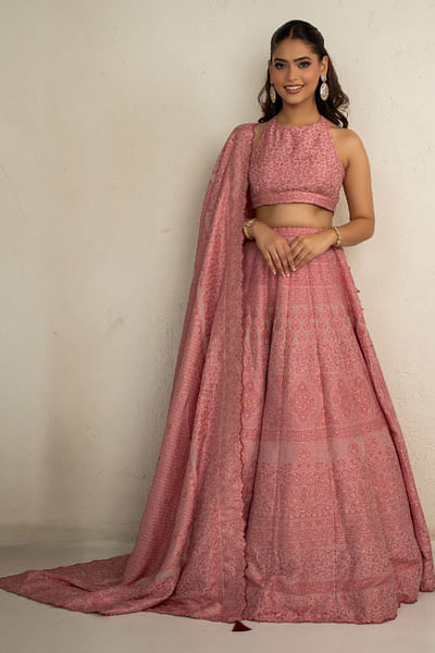 Pink floral woven lehenga set
