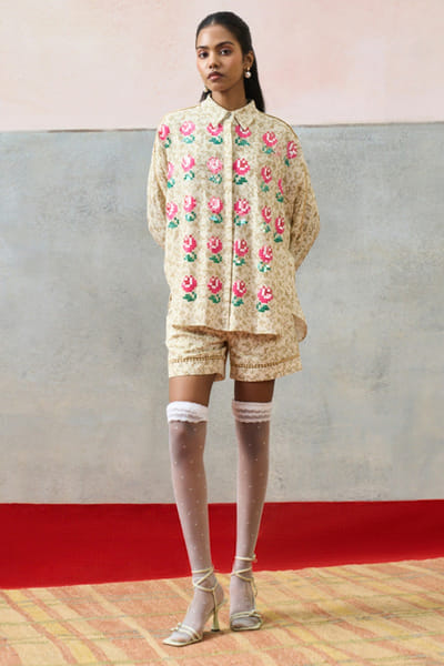 Pooja Rajgarhia Gupta Beige printed rose embroidered shirt POOJJUN26D147897