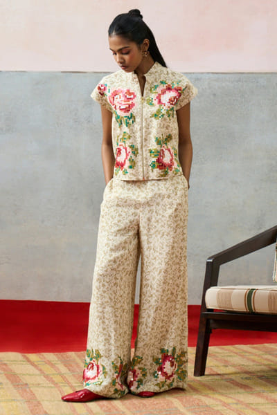Pooja Rajgarhia Gupta Beige printed rose sequin embroidered pants POOAPR26D142315