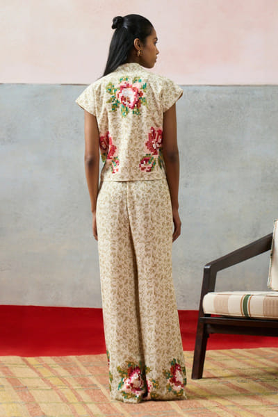 Pooja Rajgarhia Gupta Beige printed rose sequin embroidered pants POOAPR26D142315
