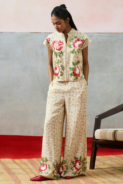 Pooja Rajgarhia Gupta Beige printed rose sequin embroidered top POOAPR26D142316