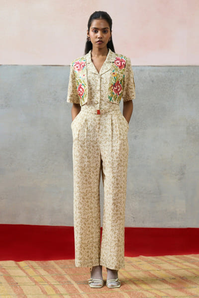 Pooja Rajgarhia Gupta Beige printed sequin embroidered jumpsuit POOAPR26D142317