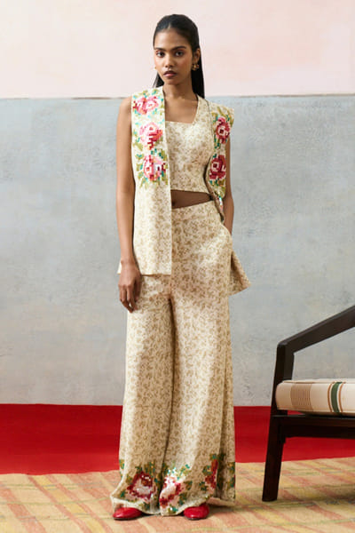 Pooja Rajgarhia Gupta Beige printed sequin embroidered jacket set POOJJUN26D147901