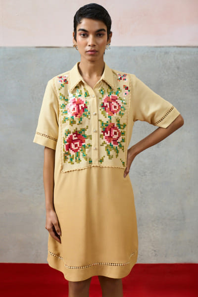 Pooja Rajgarhia Gupta Beige rose sequin embroidered short dress POOAPR26D142319