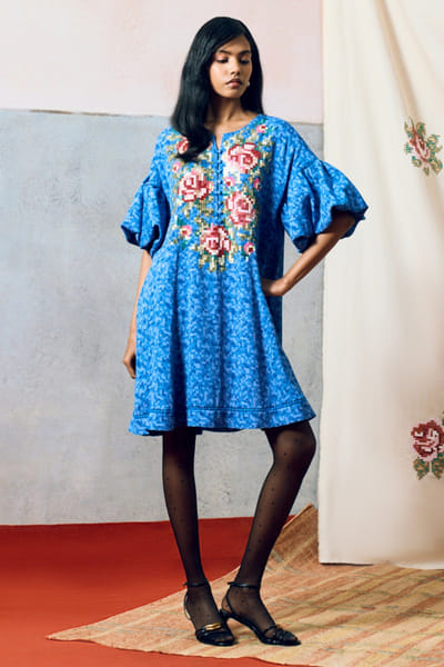 Pooja Rajgarhia Gupta Blue floral sequin embroidered skater dress POOAPR26D142320