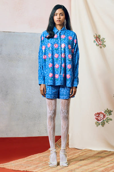 Pooja Rajgarhia Gupta Blue rose embroidered shirt POOJJUN26D147904