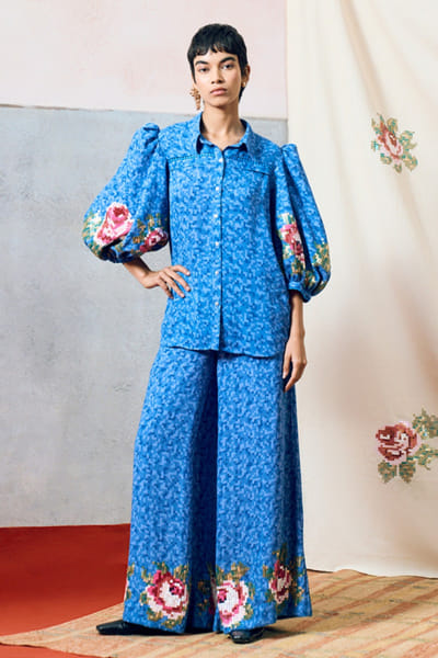 Pooja Rajgarhia Gupta Blue sequin embroidered rose printed shirt POOAPR26D142322