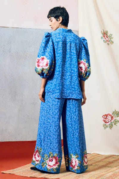 Pooja Rajgarhia Gupta Blue sequin embroidered rose printed shirt POOAPR26D142322