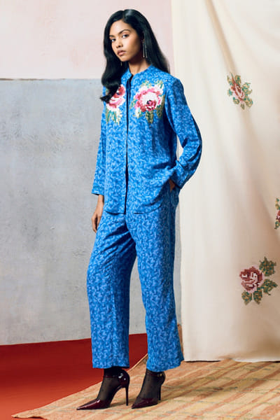 Pooja Rajgarhia Gupta Blue printed rose embroidered shirt POOAPR26D142323