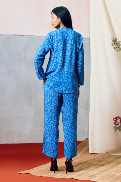 Pooja Rajgarhia Gupta Blue printed rose embroidered shirt POOAPR26D142323