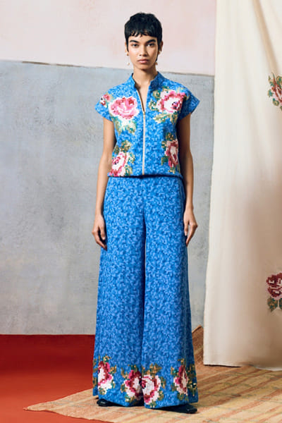 Pooja Rajgarhia Gupta Blue printed rose sequin embroidered crop top POOAPR26D142325