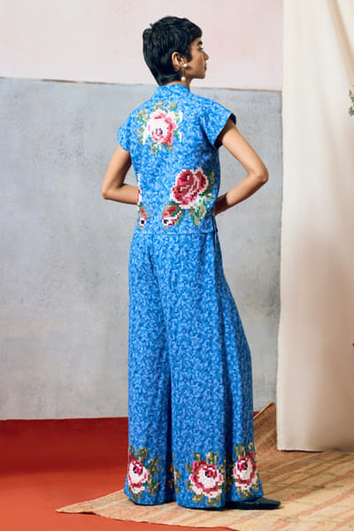 Pooja Rajgarhia Gupta Blue printed rose sequin embroidered crop top POOAPR26D142325