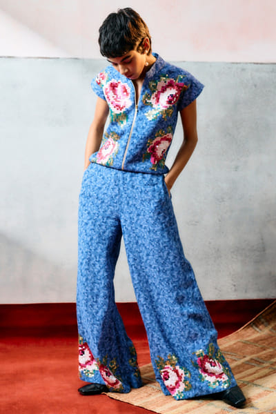 Pooja Rajgarhia Gupta Blue printed rose sequin embroidered pants POOAPR26D142326