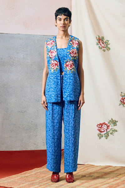 Pooja Rajgarhia Gupta Blue printed sequinned rose jacket set POOJJUN26D147905