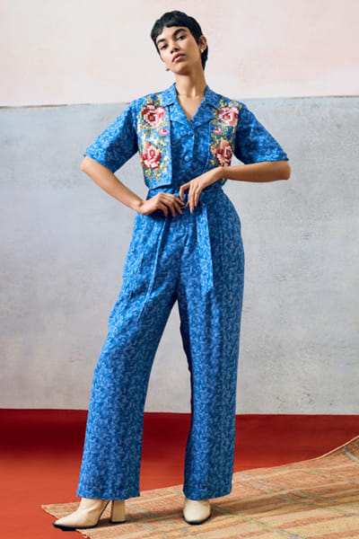 Pooja Rajgarhia Gupta Blue printed rose sequin embroidered jumpsuit POOJJUN26D147906