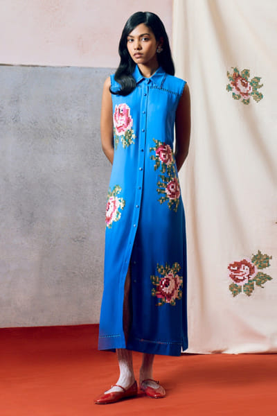 Pooja Rajgarhia Gupta Blue rose sequin embroidered maxi dress POOJJUN26D147907