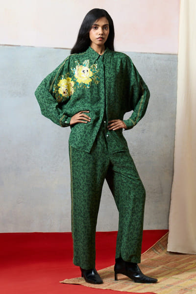 Pooja Rajgarhia Gupta Green printed rose sequin embroidered shirt POOAPR26D142329