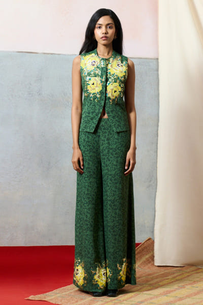 Pooja Rajgarhia Gupta Green printed rose embroidered waistcoat set POOAPR26D142332