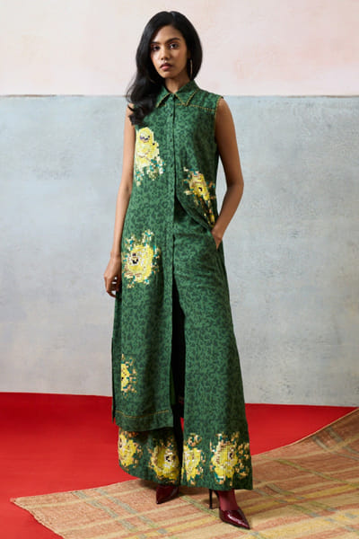 Pooja Rajgarhia Gupta Green printed sequin embroidered flared pants POOAPR26D142333