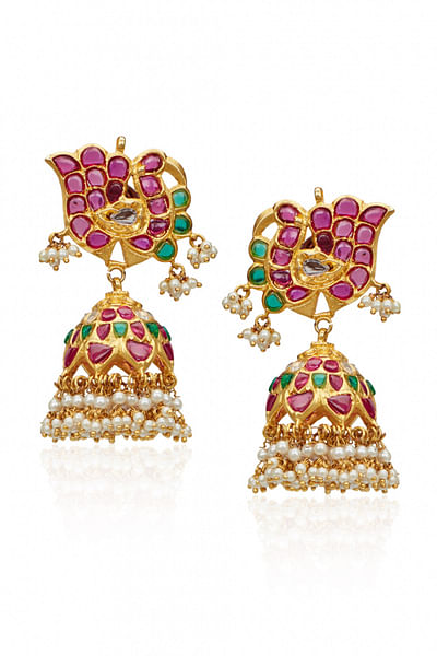 Pink and green peacock earrings