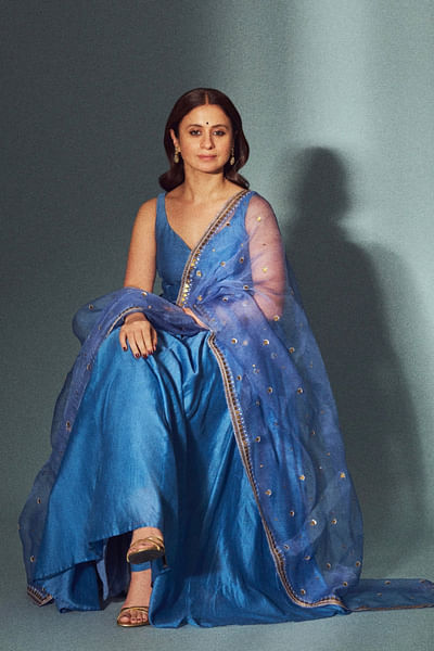 Blue chanderi anarkali set