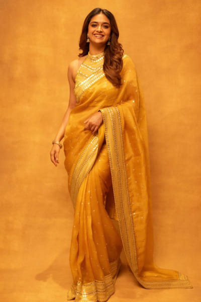 Yellow hand embroidered sari set