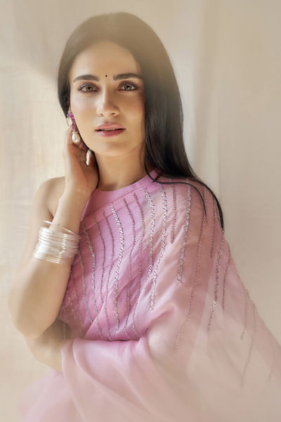 Pink linear sequin embroidered sari set